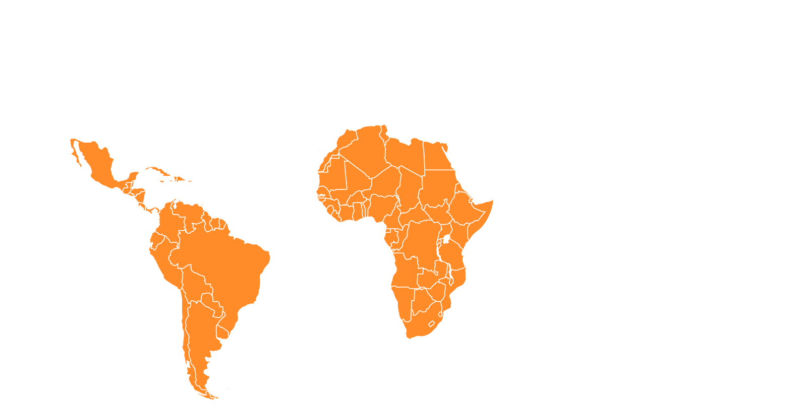 Weltkarte, auf der Südamerika und Afrika hervorgehoben sind