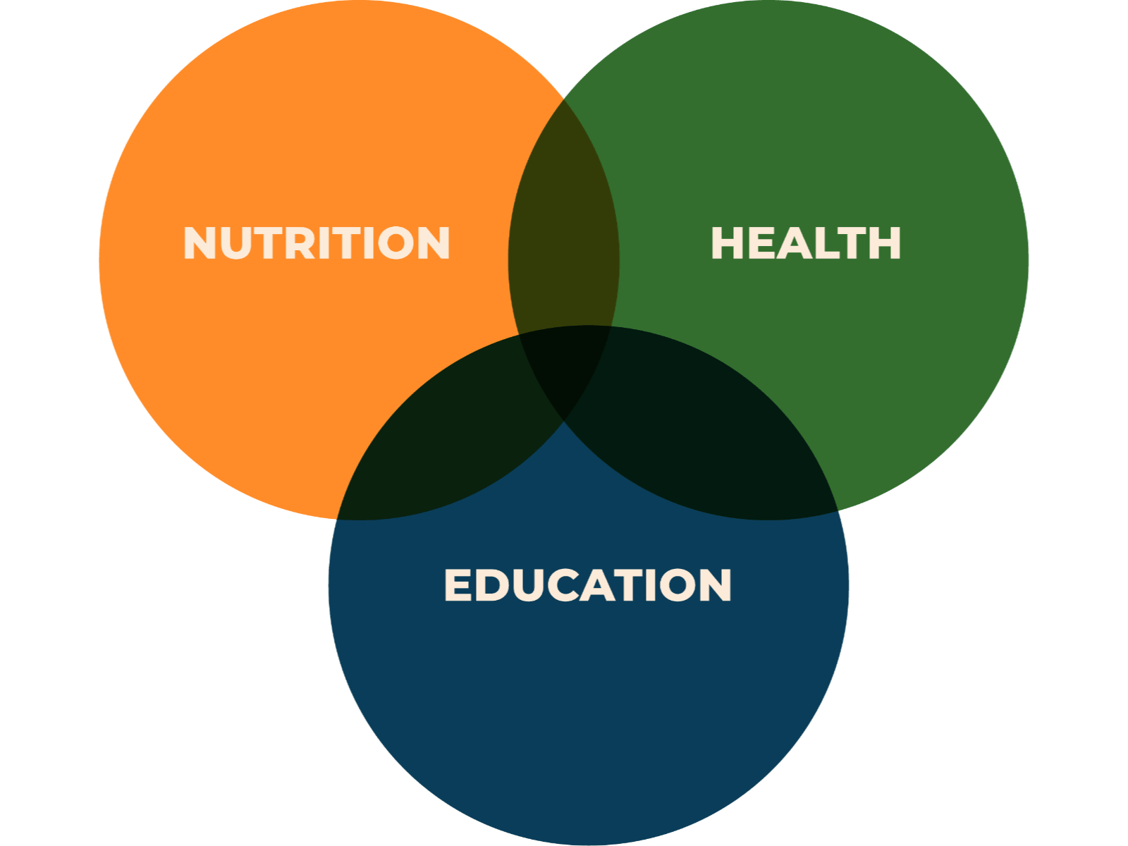 Graphic showing three circles with the keywords Nutrition, Health and Education